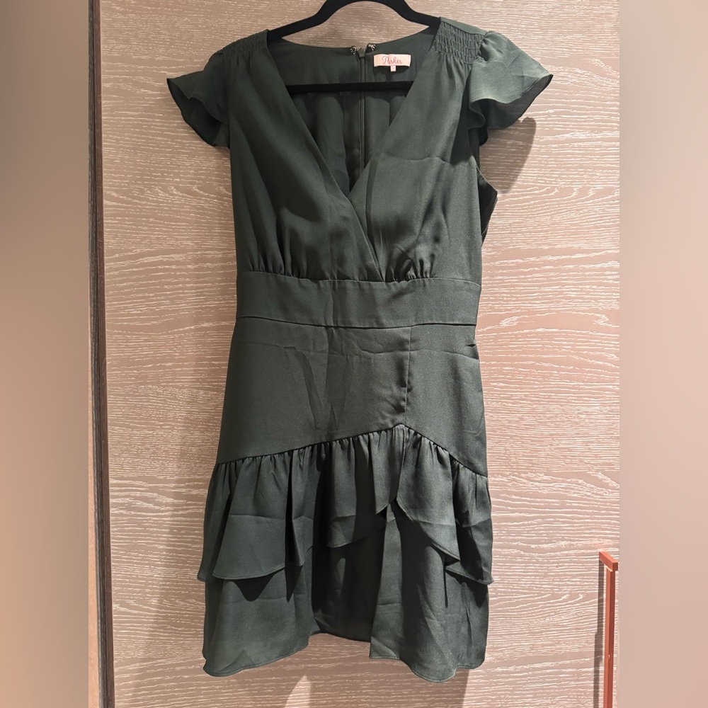 Parker Dark Green Mini Dress with Ruffles